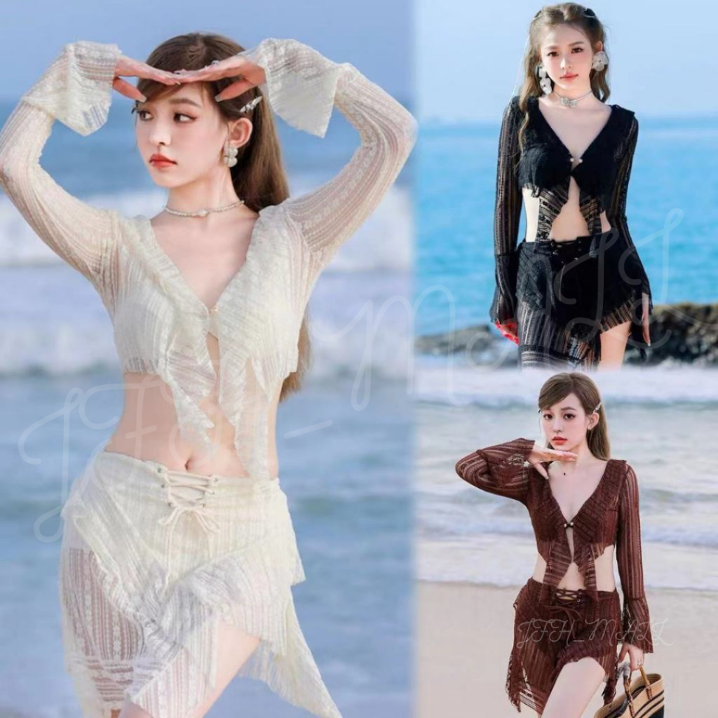 ชุดว่ายน้ำผู้หญิง ชุดว่ายน้ำ 3 ชิ้น บิกินี่ บรา เสื้อคลุม และกระโปรงแต่งระบาย มี 3 สี ขาว ดำ น้ำตาล