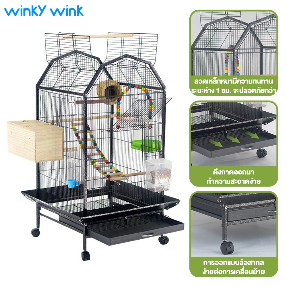 Winky Wink กรงนกขนาดใหญ่ กรงนกทรง 5 เหลี่ยม เคลื่อนย้ายได้ง่าย เคลือบกันสนิม อุปกรณ์ครบชุด กรงนกแก้ว