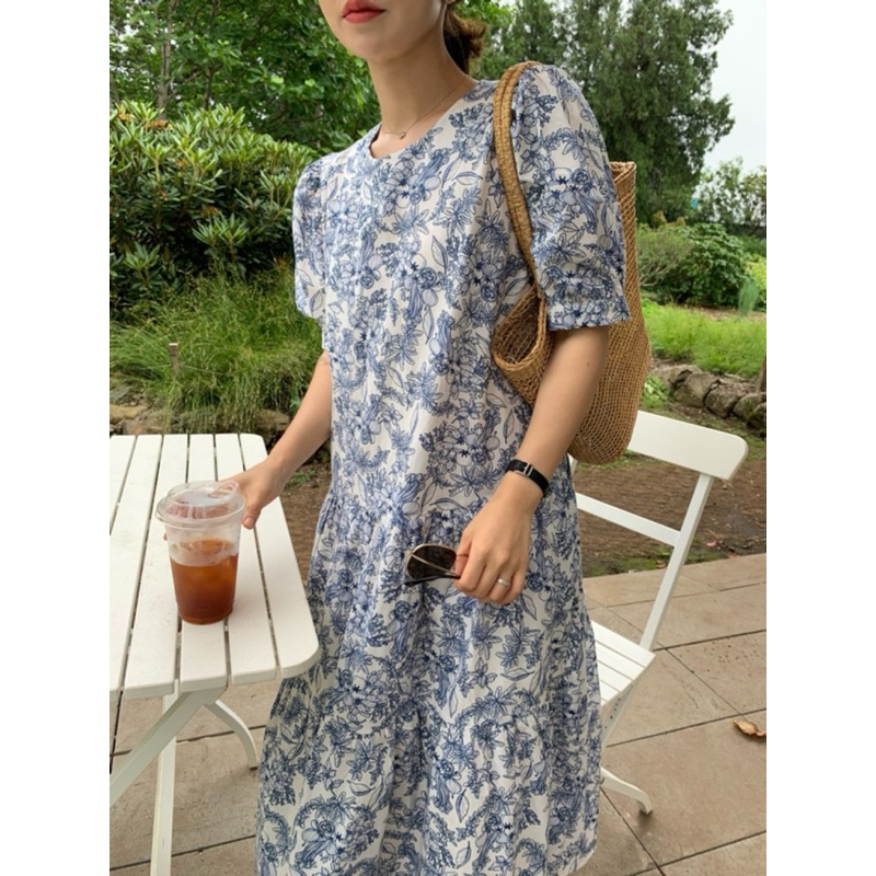 เดรสกระโปรงยาวคอกลมลายดอกไม้ เดรสน่ารัก🪻🧵