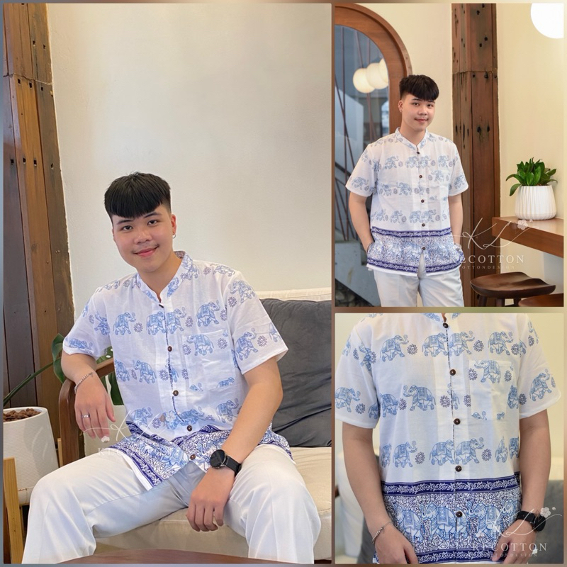 เสื้อผ้าฝ้ายเนื้อนุ่ม พิมพ์ลายช้างผู้ชาย