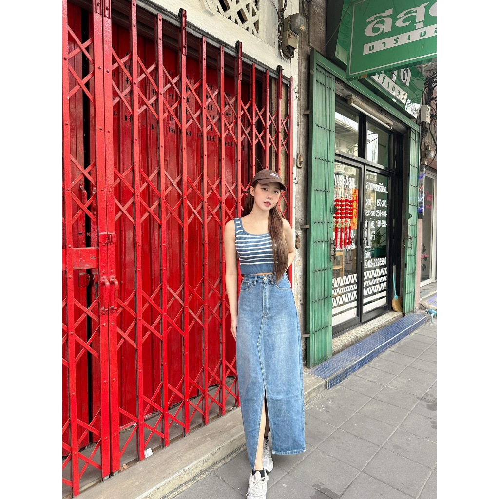 Liza พร้อมส่ง กระโปรงยีนส์ยาว ผ่าหน้า S-XXL Long Skirt Jean สไตล์เกาหลี สวยละมุน