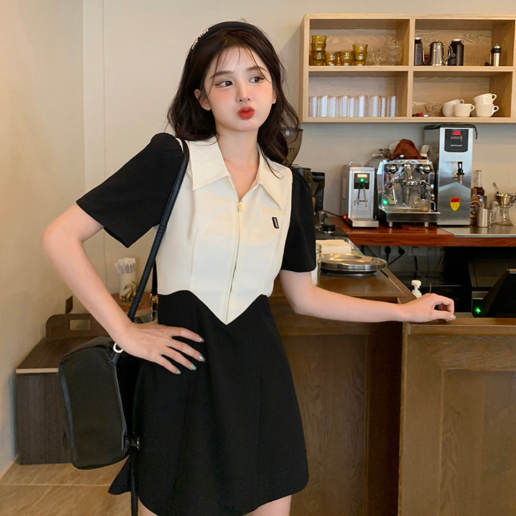 ชุดเดรสผู้หญิง ชุดเดรสเย็บปะติดปะต่อกัน เดรสแขนสั้นคอโปโลเอว