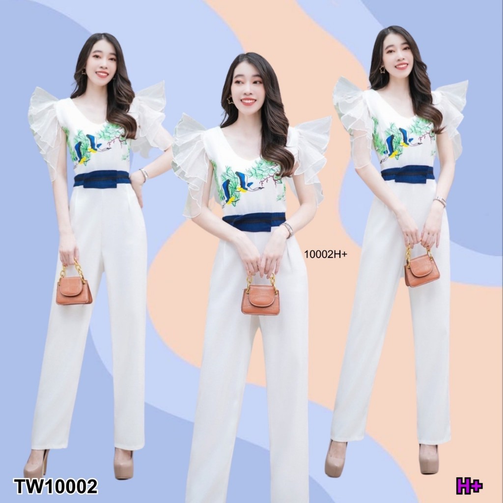 P10002 จั๊มสูทยาวแขนระบาย Long sleeve jumpsuit <พีแฟชั่น ส่งไว> เสื้อผ้าแฟชั่นพร้อมส่ง