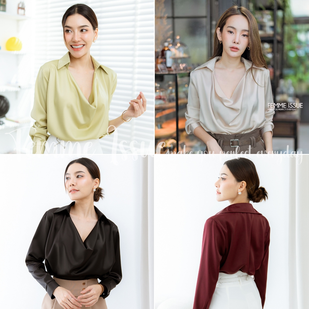 ⭐️FEMME ISSUE⭐️TOP เสื้อปกเชิ้ตคอถ่วงซาตินแขนยาว สไตล์ทำงาน ฟรีไซส์ ⭐️ สินค้าขายดี