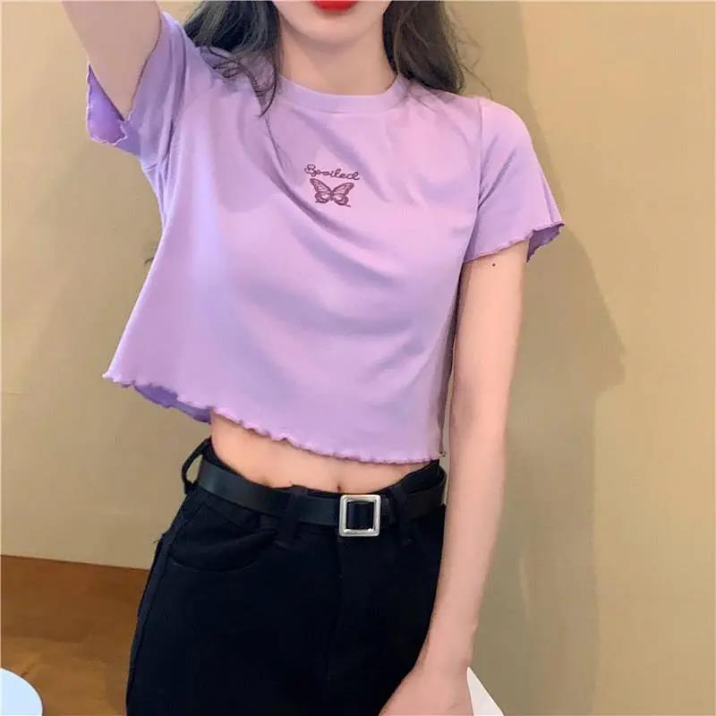 ผีเสื้อปักผู้หญิงเปิดสะดือเสื้อยืดแขนสั้น 4 สีให้เลือก