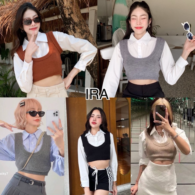 BY IRA (20154) Cherbel 2pieces Premium Set เซ็ท2ชิ้น(ใส่แยกได้) กั๊กไหมพรม + เชิ้ตครอป แฟชั่นสไตล์เกาหลีงานแบรนด์AW สุดค