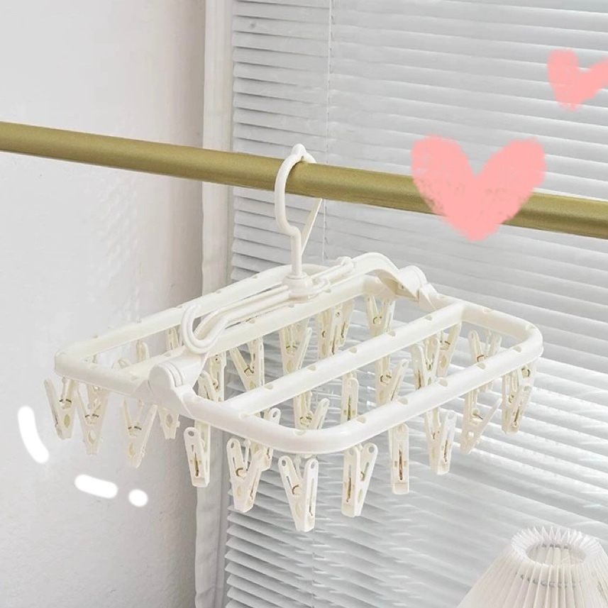 ตัวหนีบผ้า ไม้หนีบผ้า ที่หนีบผ้าพร้อมราวแขวน ราวแขวนทรงสี่เหลี่ยม 32 ตัวหนีบ แขวนได้ 2 แบบ พับเก็บได้