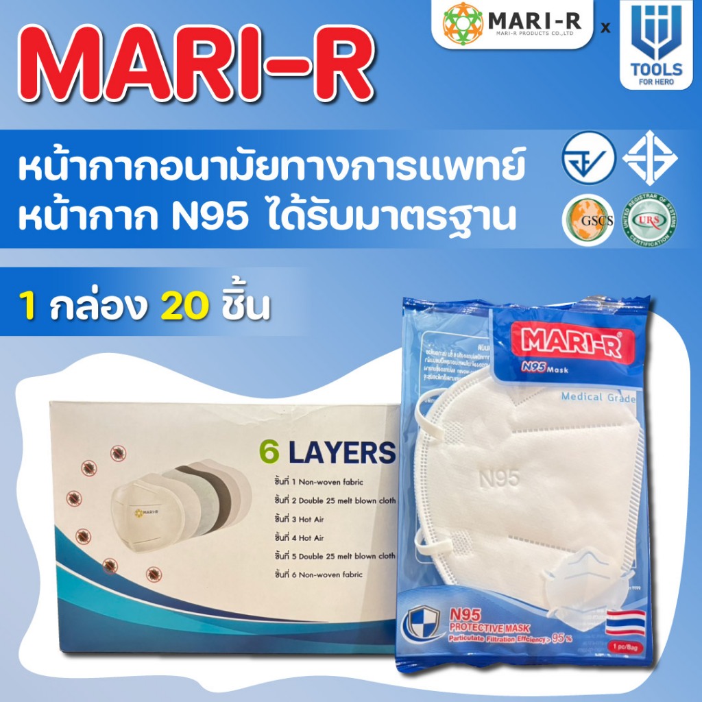 หน้ากากอนามัย 6 ชั้น MARI-R หน้ากากทางการแพทย์ / Medical Grade ป้องกันฝุ่น ละออง เชื้อโรค สวมใส่สะบา