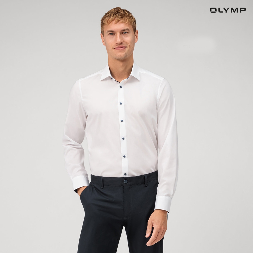 OLYMP  Level Five Shirt เสื้อเชิ้ตชาย ผ้าเรียบสีขาวแต่งปก ทรงพอดีตัว ยืดหยุ่นได้ดี รีดง่าย (SUMMER24)