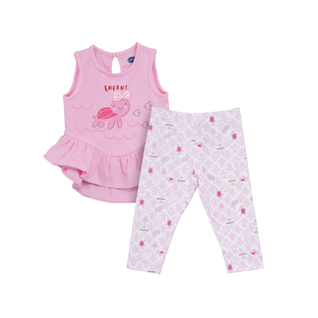 ENFANT (อองฟองต์) ชุดเสื้อ+กางเกงขายาว สำหรับเด็กอายุ 6-12 เดือน คอลเลกชั่น เต่าทะเล ผ้าคอตตอนผสมสแปนเด็กซ์ สีชมพู