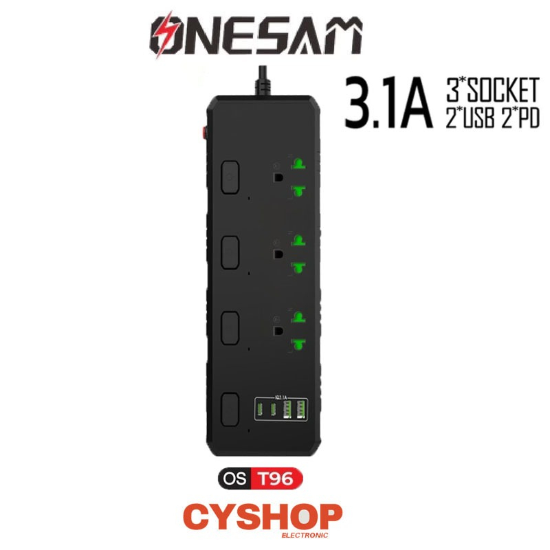 ONESAM ปลั๊กไฟ ยาว 2,5 เมตร (สีดำ)  รุ่น OS-T96 เต้ารับ 3 ช่อง 2300W PD 2 พอร์ต USB 2 พอร์ต ชาร์จไว 3.1A