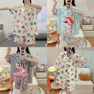 🎀ชุดนอนไหมอิตาลี บิ๊กไซส์ แขนสั้นขาสั้นลายการ์ตูน ผ้าบางเบาใส่สบาย
