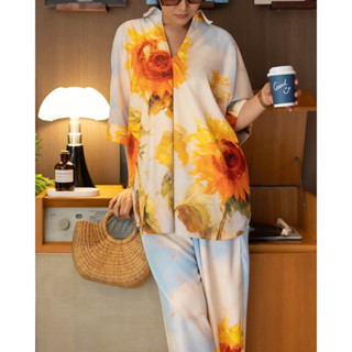 เซ็ตดอกทานตะวัน ขายาว ผ้าซาตินเคลือบกัน UV