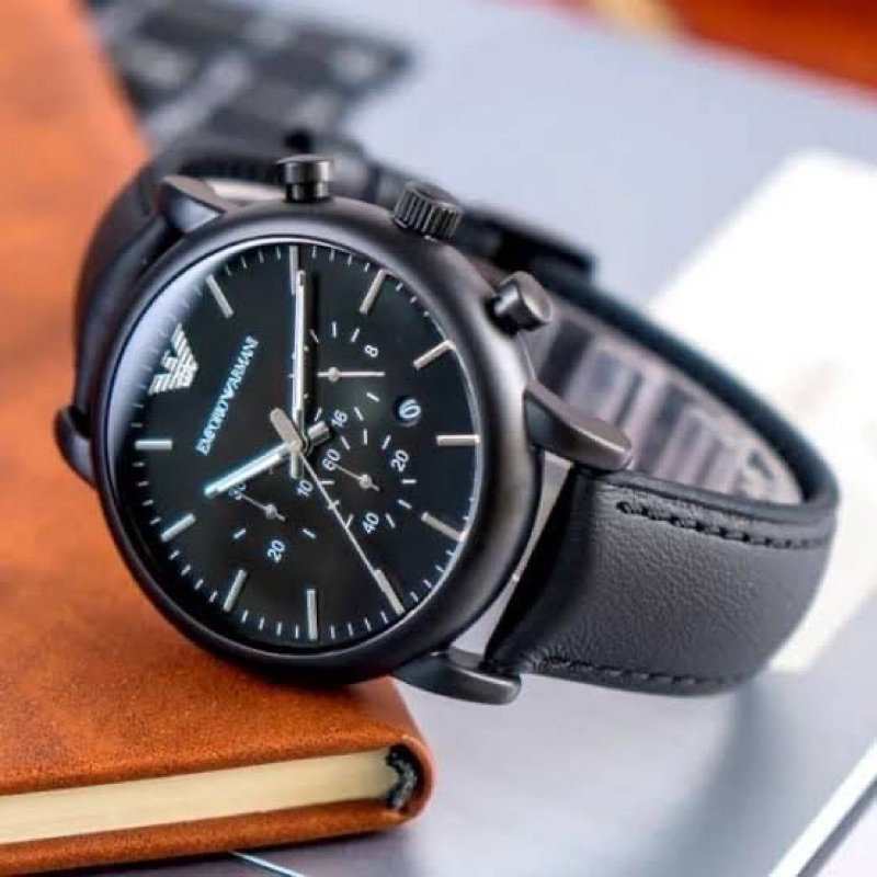 นาฬิกาสายหนังสีดำ สแตนเลสดำด้าน EMPORIO ARMANI Luigi Chronograph Black Dial Men's Watch AR1970 หน้าปัด 46 mm. ประกัน Cmg