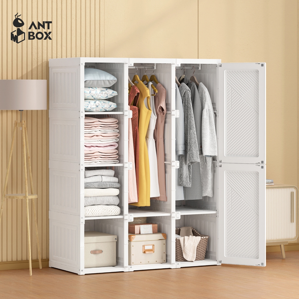 ANTBOX ตู้เสื้อผ้า 12 ช่อง ขนาด 120cm สีขาว ชั้นใส่เสื้อผ้า เอนกประสงค์ พลาสติกแข็ง พับเก็บได้ ประหยัดพื้นที่ ประกอบง่าย