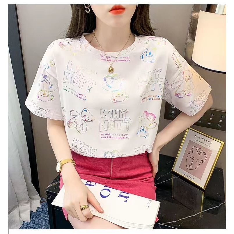 เสื้อยืดแฟชั่นผู้หญิง พิมพ์ลาย คอกลม แขนสั้น ผ้านิ่ม ทรงหลวม รุ่นA75