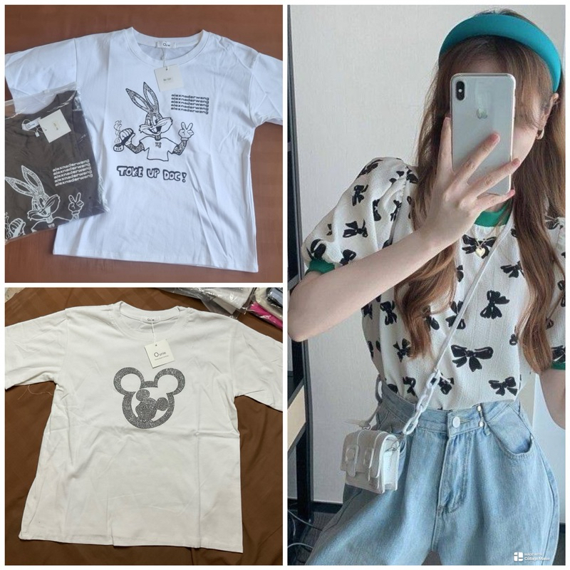 เสื้อยืด คอกลม แขนสั้น ลายตามภาพ งานป้าย Ounie อก36 ยาว22