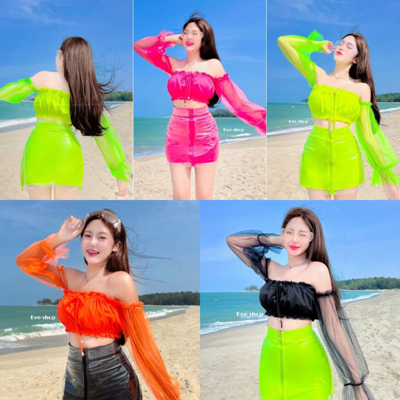 ShopBypuy เสื้อครอปปาดไหล่แขนมุ้งสีนีออน ครบสี