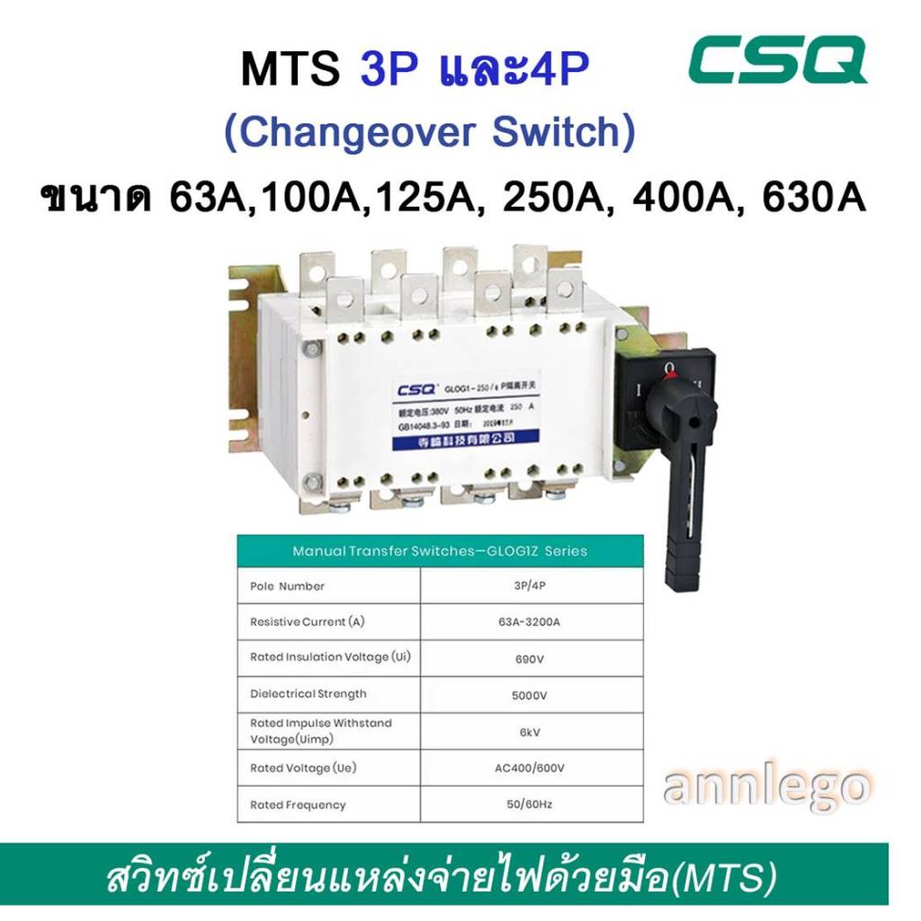 Changeover switch 3P และ 4P สวิทซ์เปลี่ยนแหล่งจ่ายไฟด้วยมือ (MTS) ยี่ห้อ CSQ รุ่น HYCG1Z พิกัดกระแส 63A - 630A