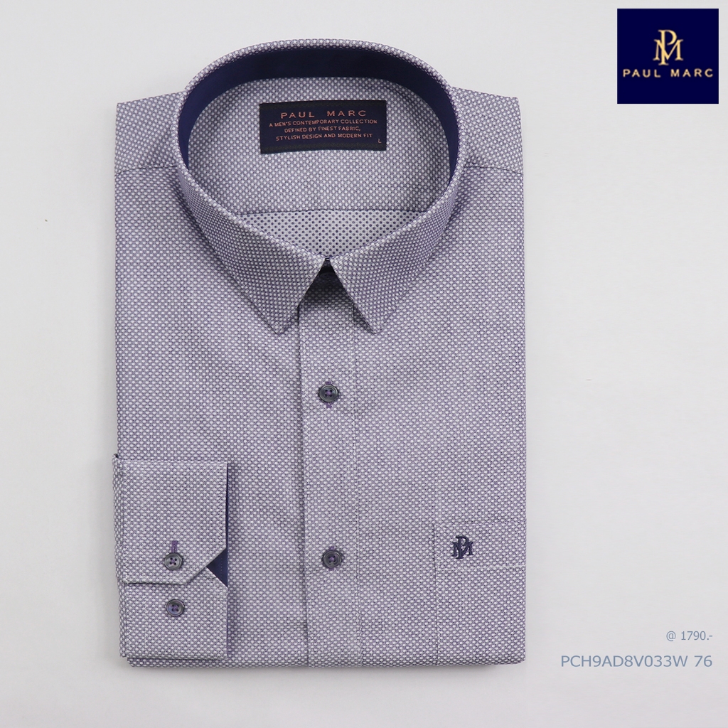 PAUL MARC เสื้อเชิ้ตทำงานแขนยาว สีน้ำเงิน slim fit ผ้าทอ dobby ลายในตัว รีดง่ายแต่ยับยาก PCH9AD8V03W