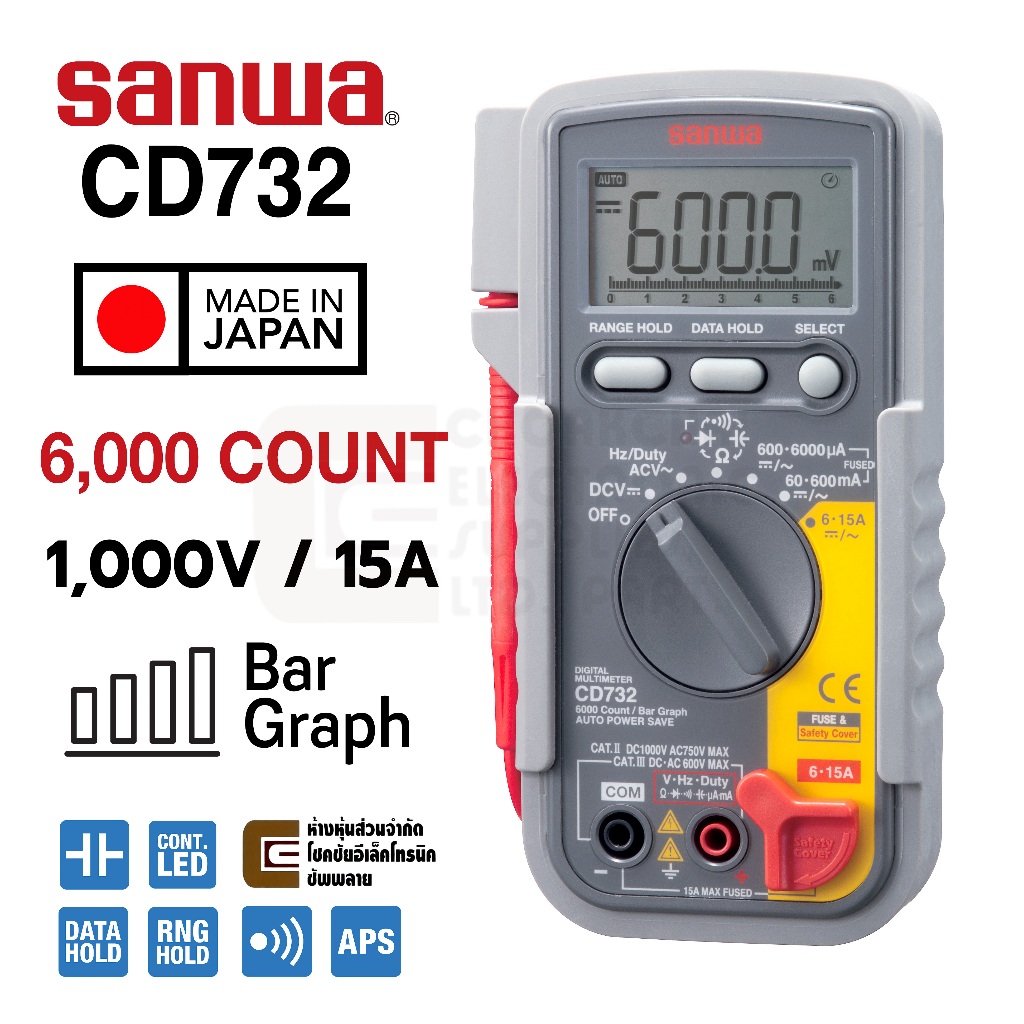 Sanwa CD732 ดิจิตอล มัลติมิเตอร์ 1000V / 15A บาร์กราฟ 100MΩ Input Impedance ผลิตญี่ปุ่น Made in Japan Digital Multimeter