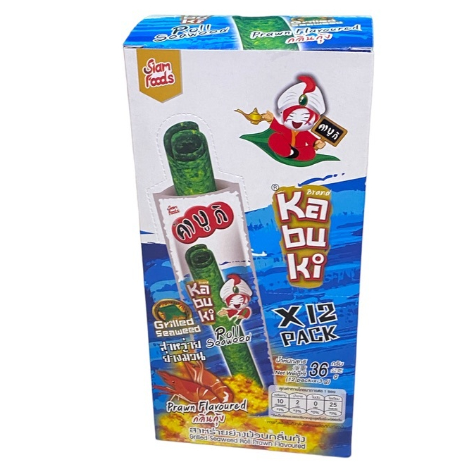คาบูกิ สาหร่ายย่างม้วน Kabuki Roll Seaweed Prawn Flavored กลิ่นกุ้ง 1กล่อง/บรรจุ 12 ชิ้น ราคาพิเศษ ส