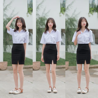 กระโปรงนักศึกษา ทรงเอผ่าหน้า ผ้าฮานาโกะ ความยาว 14 - 16 - 18 เอว 23 - 34 นิ้ว