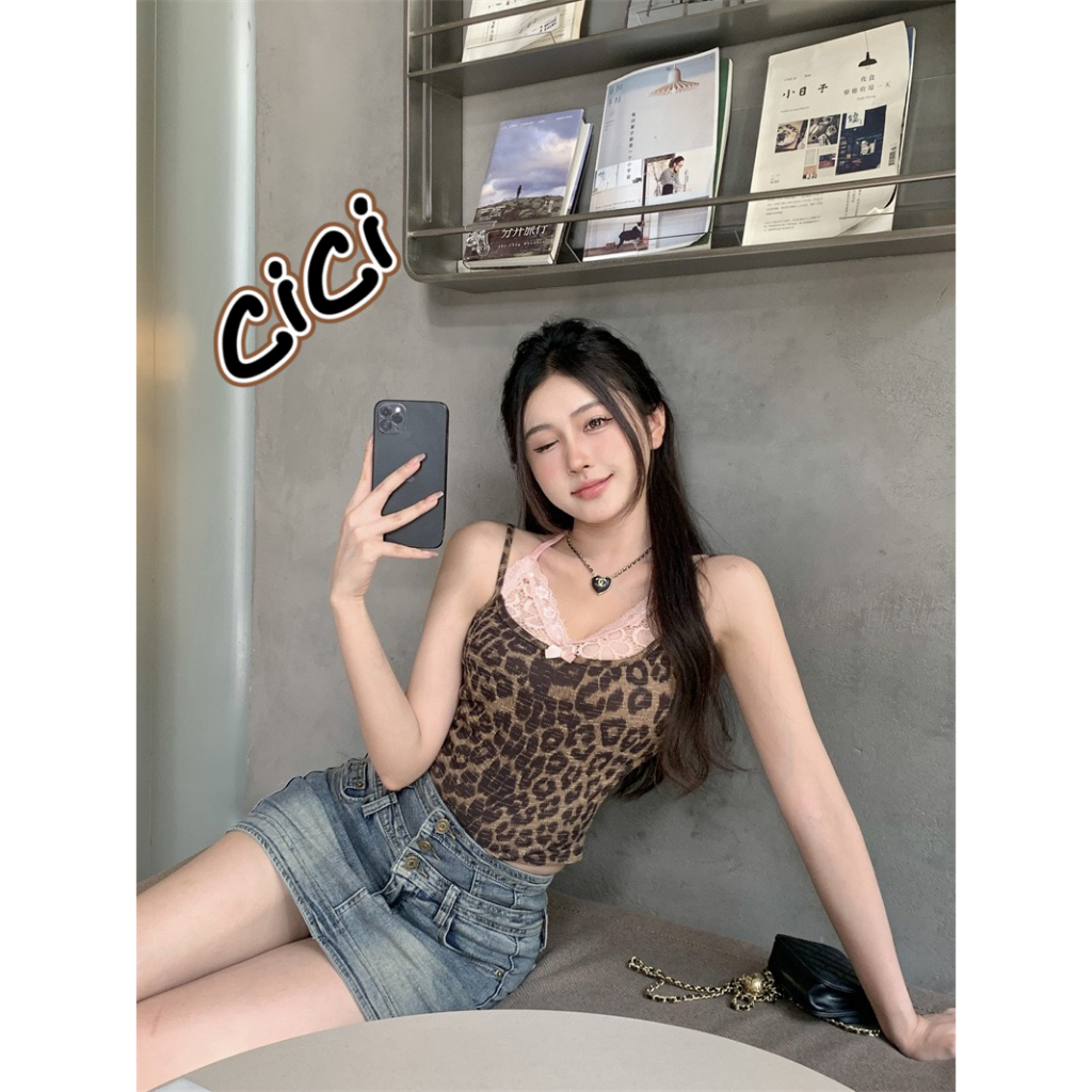 ส่งทันที Cici ❣🇹🇭🚚พร้อมส่ง❣(J723) Tank top สายเดี่ยวลายเสือมีกิมมิคลูกไม้เย็บติด2ชิ้น ทรงสวยแซ่บชิคๆ