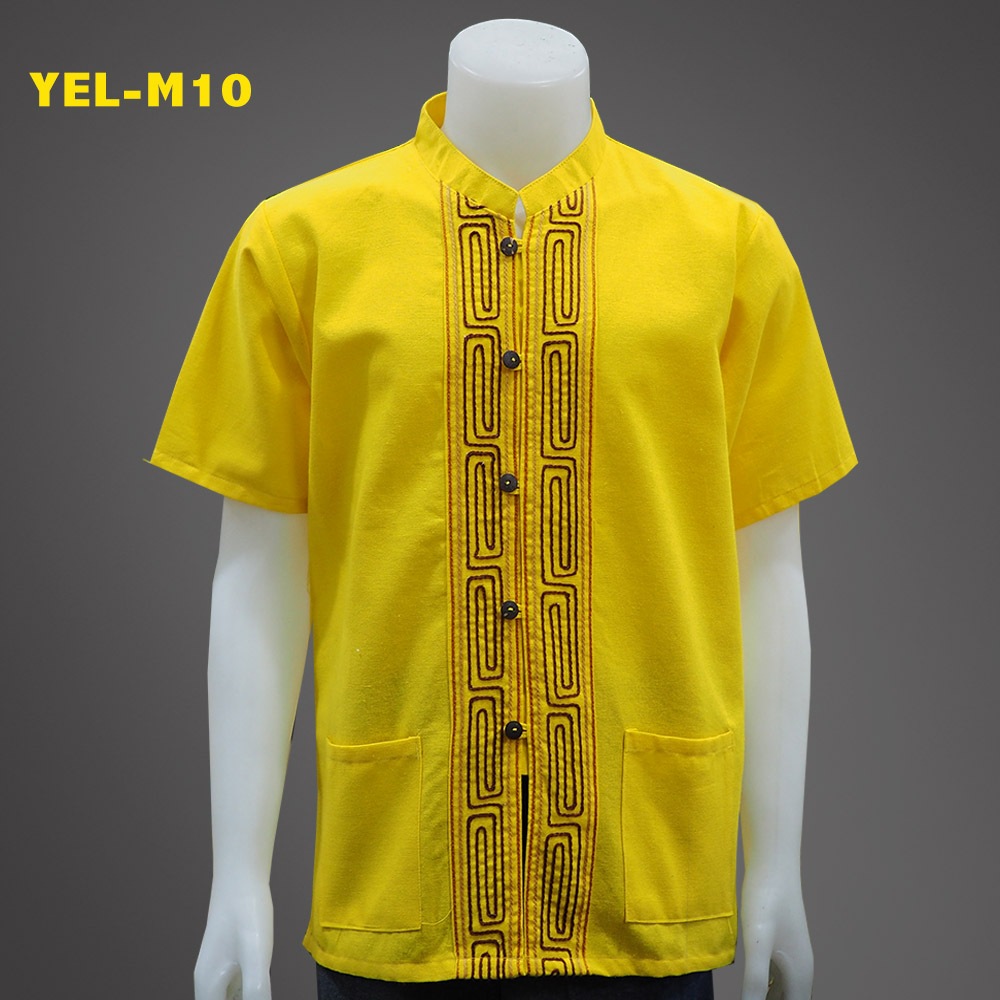 เสื้อผ้าฝ้ายแท้ สีเหลือง แต่งแถบงานปักเชือก คอจีน กระดุมจีนแขนสั้น (ใส่ได้ทั้งชายหญิง)