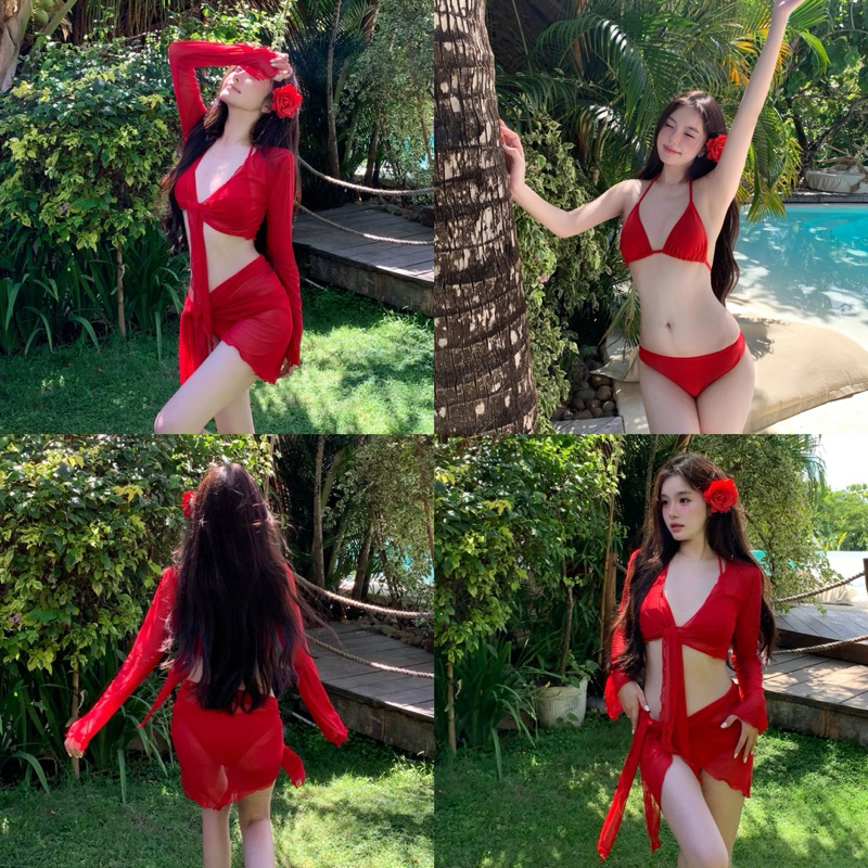 พร้อมส่งจากไทย ชุดว่ายน้ำผู้หญิง บิกินี่ทูพีช บิกินี่ผู้หญิง4ชิ้น Red poppy set