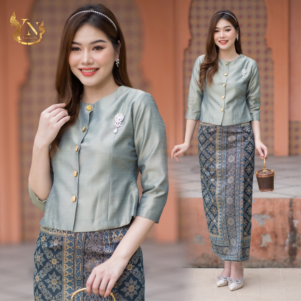 ชุดผ้าไหม ชุดออกงาน ไปวัด ทำบุญ - ชุดผ้าไหมแพรทิพย์ รุ่นกระดุมทอง