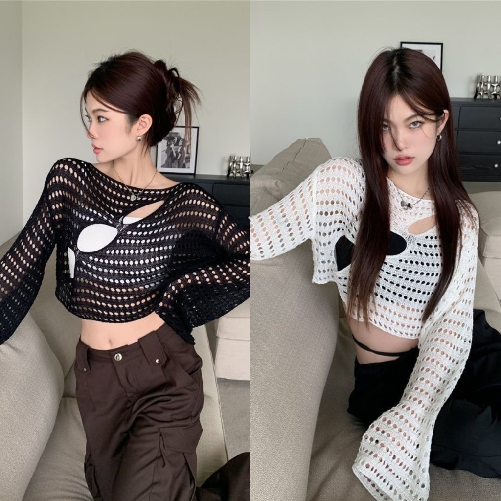 เสื้อคลุมซีทรูสายถัก เชิตด้านในกั๊กไหมพรม ฉลุอกเฉียง​แซ่บสุด ใส่เดียวก็เซ็กซี่ #22136