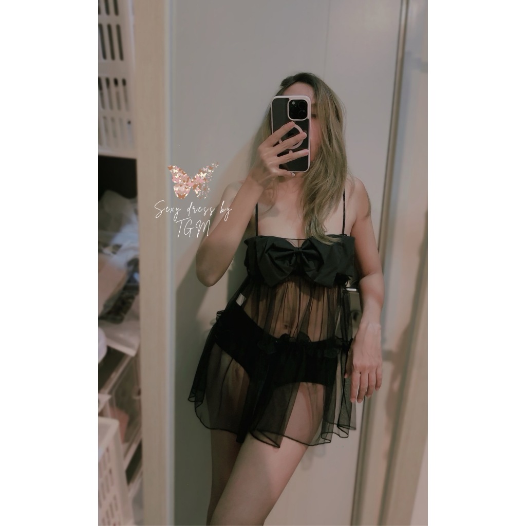 (มีส่งแมส)ชุดนอนซีทรูแต่งโบว์ ชุดผูกโบว์ SL100D