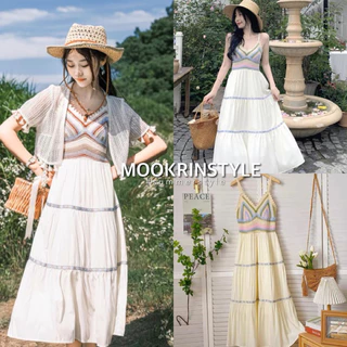 Mookrinstyle • เดรสถักอกกระโปรงยาว ชุดไปทะเลสวยๆ มี 3 สี ใส่เดินชายหาด Bohemians dress