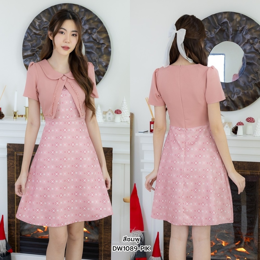 S-2XL | เดรสสั้นเสื้อกั๊กคอบัว กระโปรงพิมพ์ลายมีซับใน สีชมพู D1089
