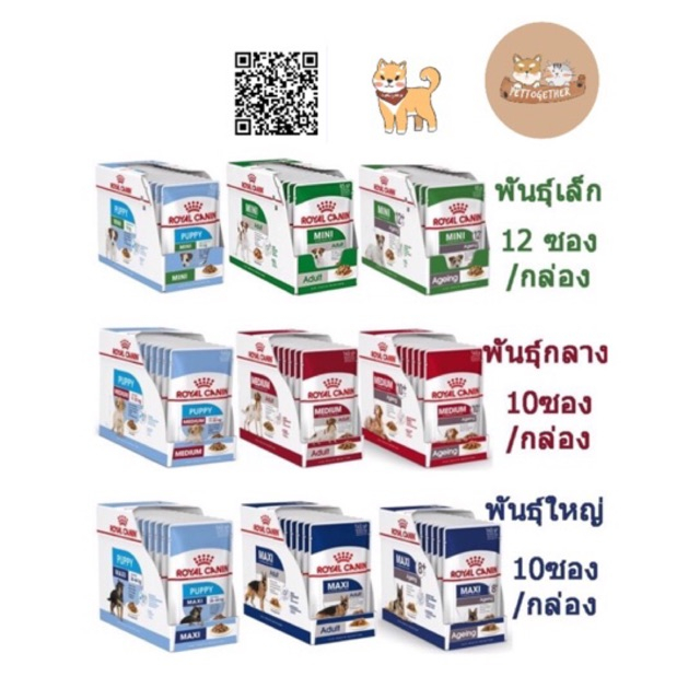 (ยกโหล) Royal canin สูตร Mini, Medium, Maxi อาหารซองแบบเปียก (ลูก,โต,สูงวัย) ขนาด 85-140 กรัม (ยกกล่อง) Box