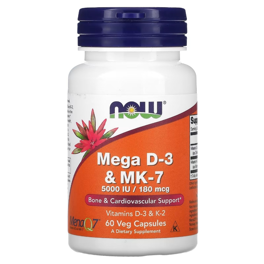 Mega D-3 & MK-7 , D3 + MK7 , 180 mcg (5,000 IU), 60 Veg Capsules,NOW Foods