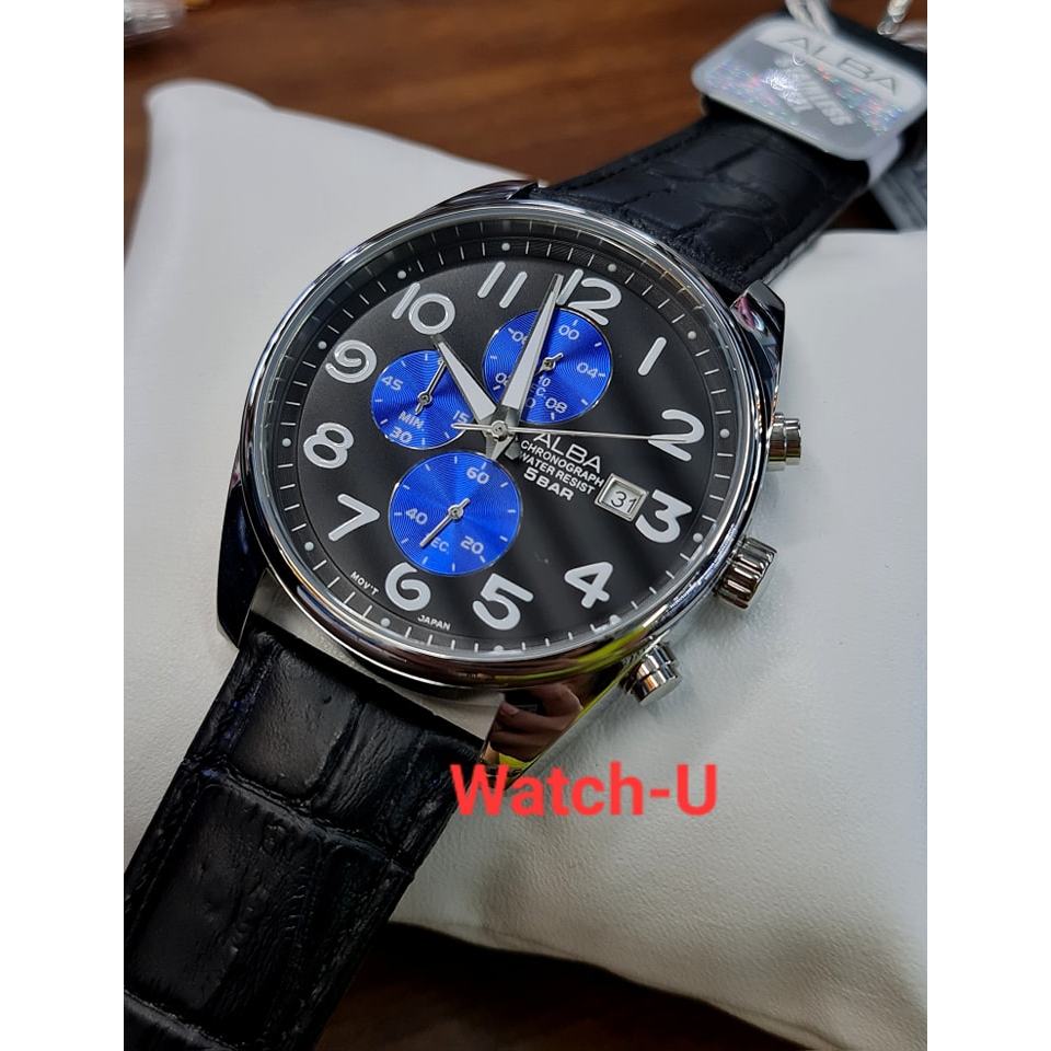 นาฬิกา ALBA Chronograph เรือนสีเงิน สายหนังสีดำ รุ่น AM3229X1 AM3229X AM3229