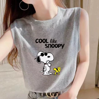 ES.SHOP28 เสื้อแขนกุด ผู้หญิงผู้ชาย หลวม ๆ ฤดูร้อนผู้หญิง ลายการ์ตูน OP93