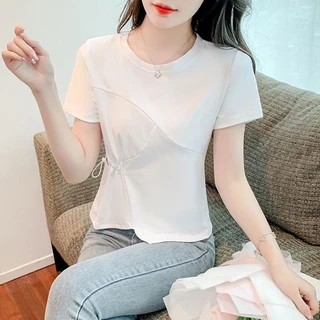 ps-รุ่น-355เสื้อยืดแขนสั้นคอกลมเอวข้างแต่งเชื่อกดึงได้มาใหม่ สุดฮิตสไตล์เกาหลี ผ้านุ่มสวมใส่สบาย พร้อมส่ง