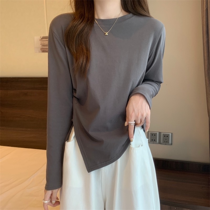 ps-รุ่น-227เสื้อยืดมาใหม่แขนยาวยอดฮิตสีพื้น แต่งปลายเสื้อสามเหลี่ยม เอวข้างผูกโบว์ได้ สไตล์เกาหลี ผ้านุ่มสวมใส่สบาย พร้อ