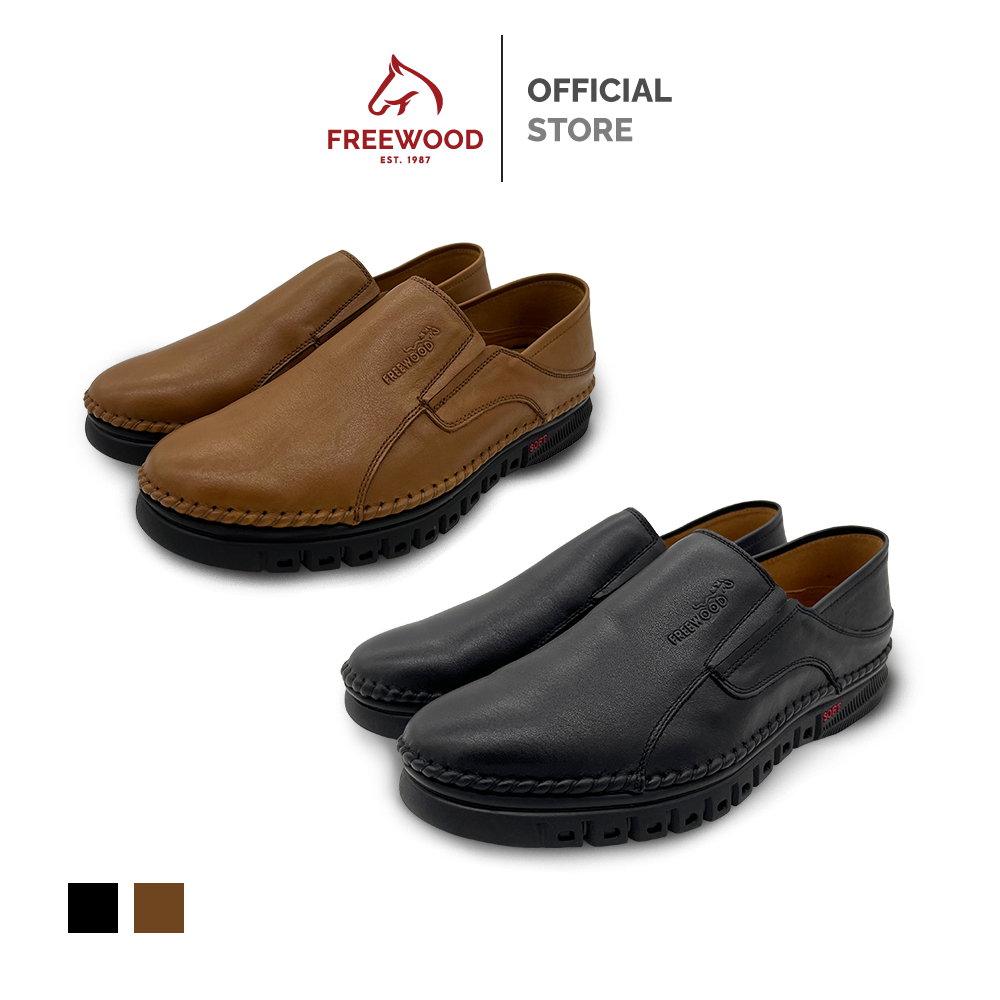 FREEWOOD CASUAL SHOES รองเท้าลำลองผู้ชาย หนังแท้ รุ่น 84-946 สีดำ / สีคาเมล ( BLACK / CAMEL )