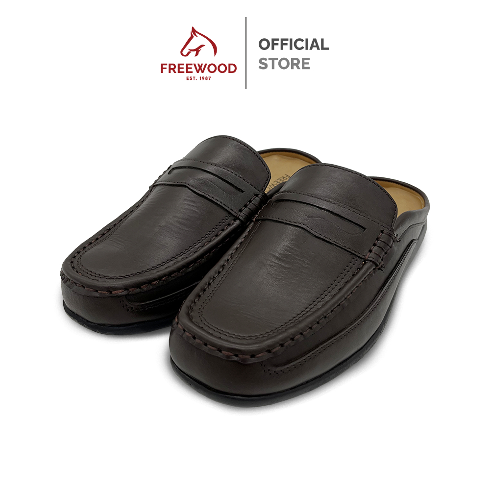 FREEWOOD OPEN HEEL CASUAL SHOES รองเท้าลำลองผู้ชาย หนังแท้ แบบเปิดส้น รุ่น 79-592 น้ำตาล ( BROWN )