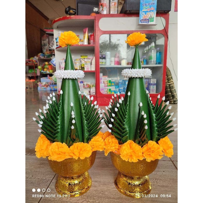 บายศรีปากชามผ้า บายศรีเทพ บายศรีพรหมสีเขียวตกแต่งมาลัย พานขนาด16cm.