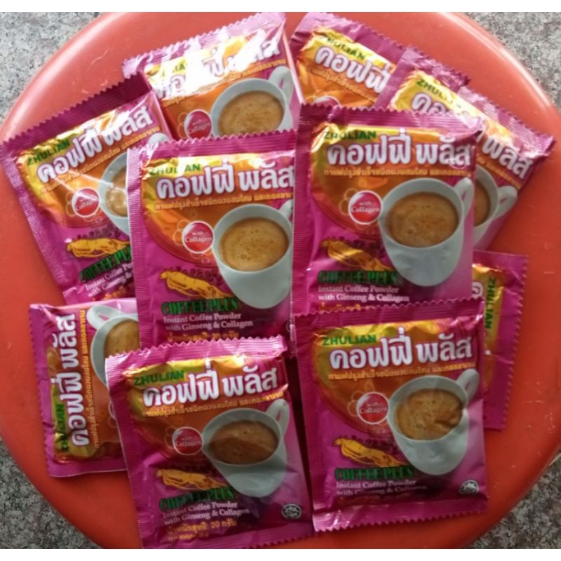 กาแฟปรุงสำเร็จชนิดผงผสมโสมและคอลลาเจนคอฟฟี่พลัสบำรุงปผิวพรรณ เสริมไขข้อกระดูก 3in1/10ซอง119