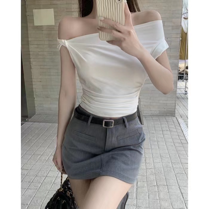 เสื้อกล้าม เปิดไหล่ แขนสั้น เอวสูง สีพื้น แฟชั่นใหม่ สําหรับผู้หญิง