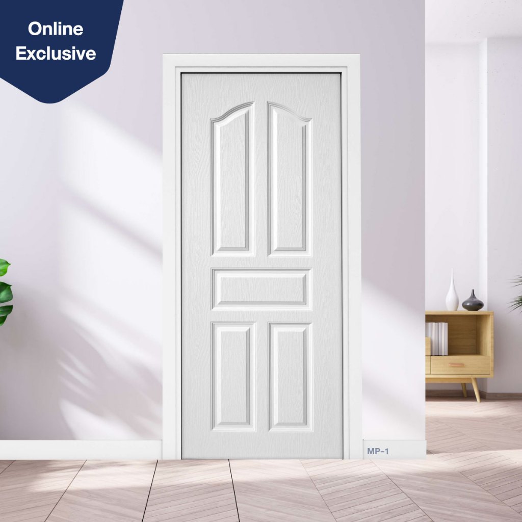 ส่งฟรี! ประตู uPVC ผิวเสี้ยน รุ่น MP-1 ใช้เป็นประตูภายนอกที่มีชายคาปกคุลมได้ กันน้ำ ใช้ภายในได้ ประตูสีขาว ประตูภายใน