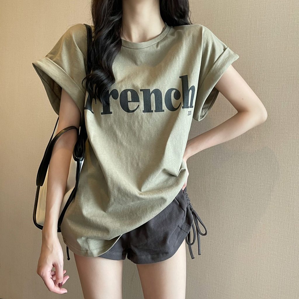 Lisa พร้อมส่ง เสื้อยืดแขนสั้น แขนกล้าง คอกลม ลายตัวหนังสือ French วัยรุ่น oversize เสื้อผ้าแฟชั่นเกาหลี เสื้อโอเวอร์ไซส์