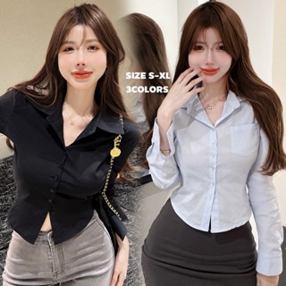 MIMI&DIDI.เสื้อเชิ้ตแขนยาว เว้าเอว งานรัดรูป เสื้อแฟชั่นเกาห…