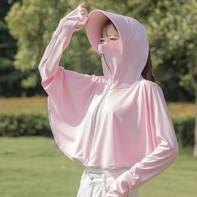 เสื้อคลุมกันแดดแขนยาว Oversize สีพื้น ซิปหน้า มีหมวกในตัว สินค้าพร้อมส่ง E1